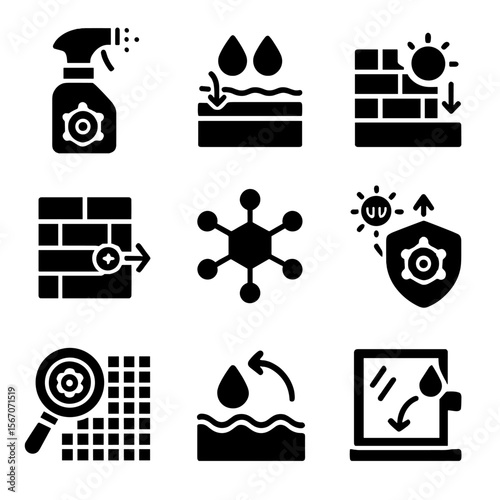 Nanotech Architecture Icons. Solid, filled icons set of nanotechnology in architecture: nano spray,