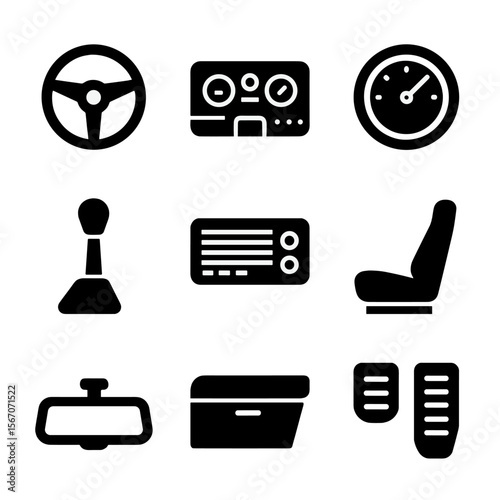 Classic Car Icons. Solid, filled icon set of classic car interiors: steering wheel, dashboard, speedometer, gear shift, vintage