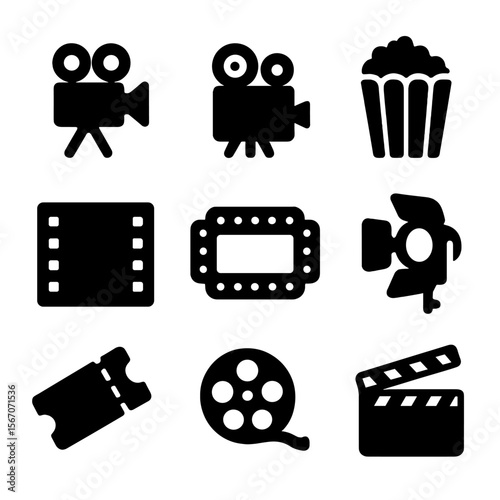Classic Cinema Icons. Solid, filled icon set of classic film: vintage camera, film projector, popcorn bucket, cinema marquee,