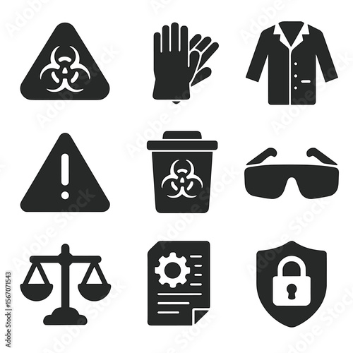 Nano Safety Icons. Solid, filled icons set of nano safety and ethics: hazard sign, protective gloves, lab coat