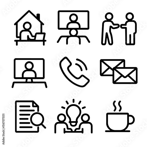 Office Work Icons. Solid, filled icon set of office work modes: remote work, hybrid meeting, in-person collaboration, video call,