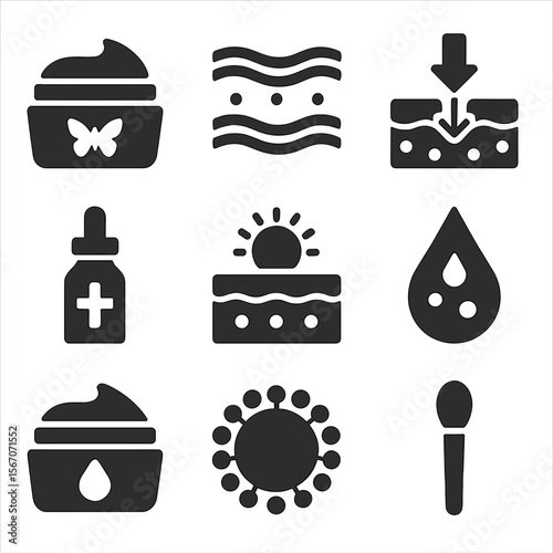 Nanotech Cosmetic Icons. Solid, filled icons set of nanotech in cosmetics: anti-aging cream, collagen fiber,
