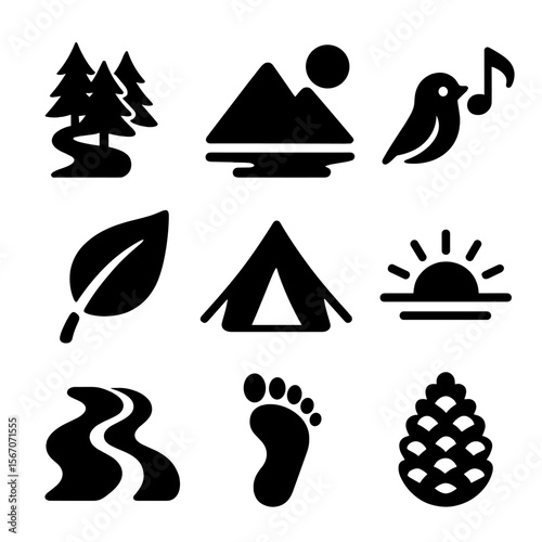 Nature-Based Icons Grid. Solid, filled icons set of nature-based digital detox: forest trail, mountain view,
