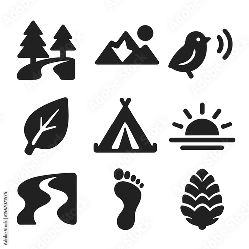 Nature-Based Icons Grid. Solid, filled icons set of nature-based digital detox: forest trail, mountain view,
