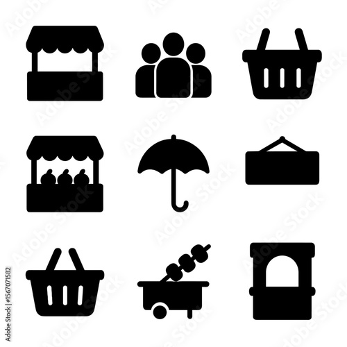 Crowded Market Icons. Solid, filled icon set of Crowded market street: vendor stall, crowd silhouette, basket, fruit stand,