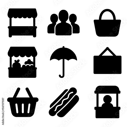 Crowded Market Icons. Solid, filled icon set of Crowded market street: vendor stall, crowd silhouette, basket, fruit stand,