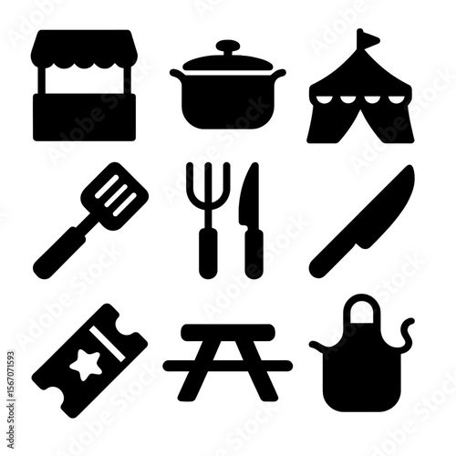 Culinary Festival Icons. Solid, filled icon set of Culinary festivals: food stall, cooking pot, festival tent, spatula, grill fork