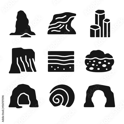 Coastal Geology Icons. Solid, filled icon set of coastal geology near tidal pools: sea stack, tide-carved rock, basalt column,