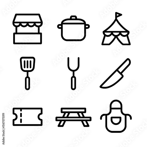 Culinary Festival Icons. Solid, filled icon set of Culinary festivals: food stall, cooking pot, festival tent, spatula, grill fork