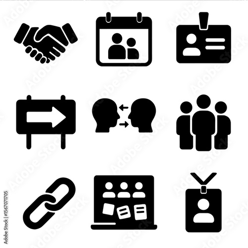 Networking Icon Set. Solid, filled icons set of networking and community: handshake icon, event calendar, name