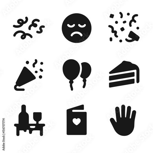 End-of-Event Icons. Solid, filled icon set of end-of-event fun: streamers on floor, tired smile, used confetti, empty popper,