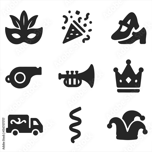 Carnival Icon Set. Solid, filled icons set of Carnival: feathered mask, confetti blast, dance shoes, whistle