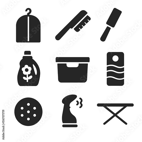 Fabric Care Icons. Solid, filled icons set of fabric care and storage: garment cover, fabric brush, lint
