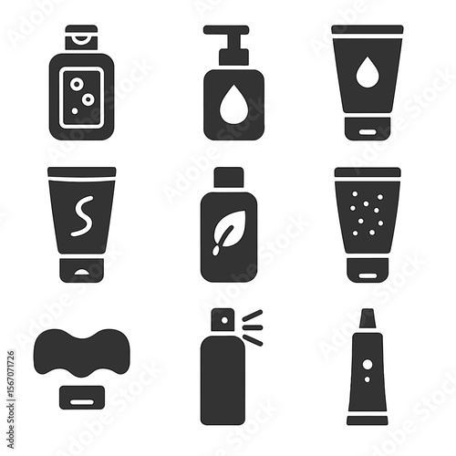 Facial Care Icons Set. Solid, filled icons set of facial care products: micellar water, cleansing oil, gel
