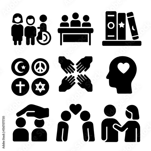 Classroom Inclusivity Icons. Solid, filled icon set of classroom inclusivity: mixed ability students, inclusive seating, diverse