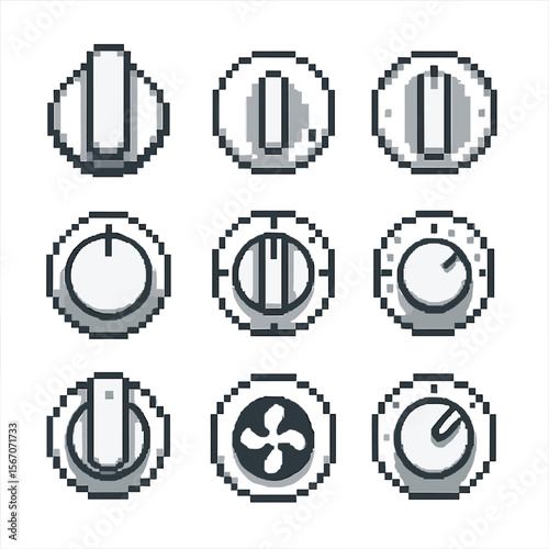 Appliance Knob Icons. Pixel art icon set of appliance knob collection: oven knob, stove burner knob, grill control knob, fridge