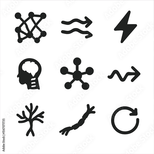 Neural Pathway Icons. Solid, filled icons set of neural pathways: neural web, signal flow, electric spark,
