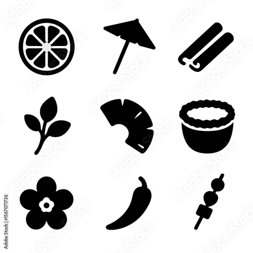 Cocktail Garnish Icons. Solid, filled icon set of cocktail garnishes: lime wheel, cocktail umbrella, cinnamon stick, fresh herbs,