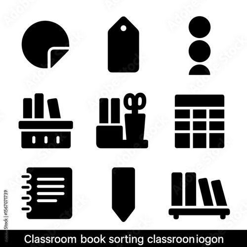 Classroom Icon Collection. Solid, filled icon set of classroom book sorting: label sticker, genre tag, reading level, color code,