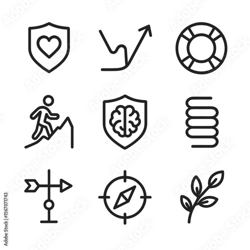 Resilience and Adaptability Icons. Outline icon set of resilience and adaptability: shield with heart, bouncing arrow, lifebuoy,