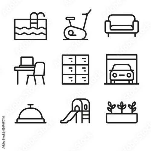 Resident Amenities Icons. Outline icon set of resident amenities in towers: rooftop pool, fitness gym equipment, lounge sofa,