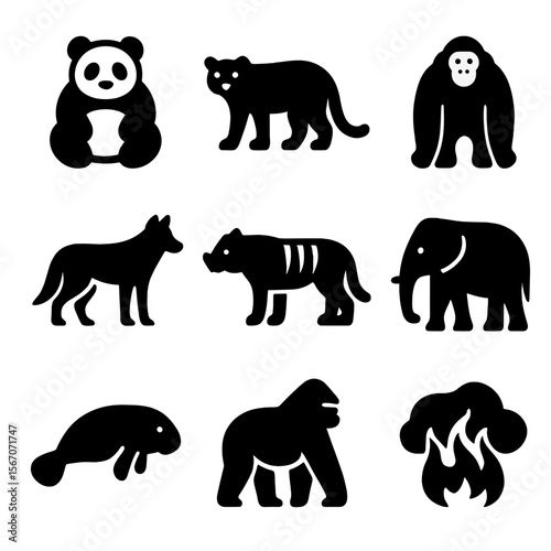 Endangered Animals & Threats. Solid, filled icon set of endangered mammals: giant panda, snow leopard, orangutan, black rhino, red