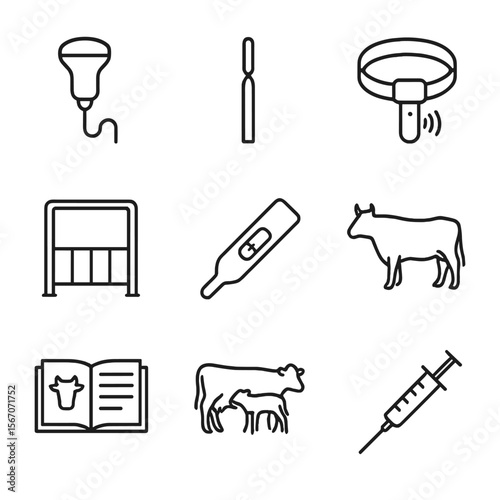 Reproductive Management Icons. Outline icon set of reproductive and breeding management: ultrasound probe, artificial insemination