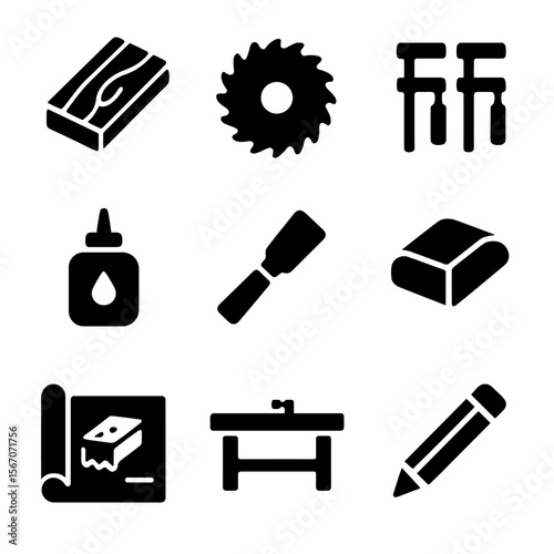 Carpentry Tool Icons. Solid, filled icons set of carpentry projects: wood plank, saw blade, clamps, wood glue,