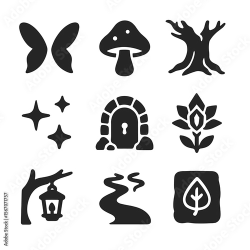 Enchanted Glade Icons. Solid, filled icon set of enchanted glade: fairy wings, glowing mushroom, ancient tree, magic sparkle,