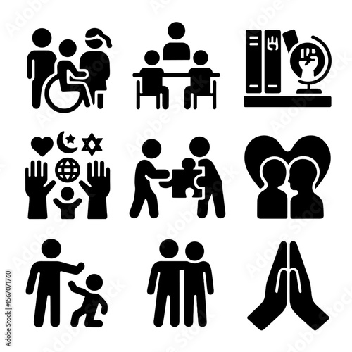 Classroom Inclusivity Icons. Solid, filled icon set of classroom inclusivity: mixed ability students, inclusive seating, diverse