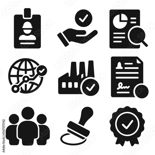Fair Labor Icons. Solid, filled icons set of fair labor and transparency: worker badge, fair wage icon,