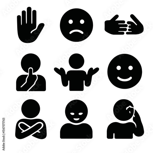 Non-Verbal Communication Icons. Solid, filled icons set of non-verbal communication symbols: gesture icon,