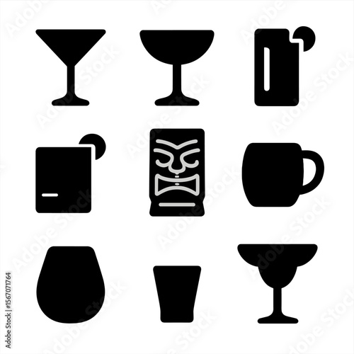 Cocktail Glass Icons. Solid, filled icon set of cocktail presentation styles: martini glass, coupe glass, highball glass, lowball
