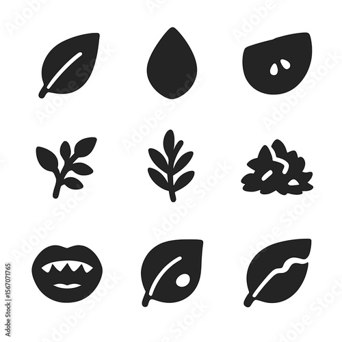 Caterpillar Feeding Icons. Solid, filled icons set of caterpillar diet and feeding: green leaf, flower petal,