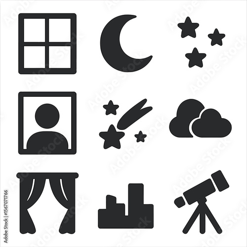 Night Sky Icons. Solid, filled icons set of looking out the window at the night sky: window frame, crescent