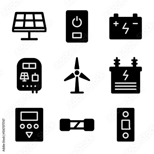 Energy System Icons. Solid, filled icon set of energy system components: solar cell, inverter, battery pack, charge controller,