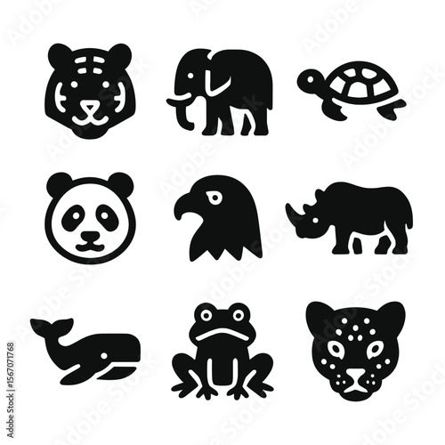 Endangered Wildlife Icons. Solid, filled icon set of endangered wildlife: tiger, elephant, turtle, panda, eagle, rhino, whale,