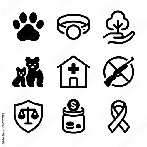 Endangered Species Icons. Solid, filled icon set of endangered species protection: animal paw print, tracking collar, habitat