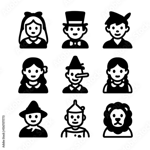 Classic Story Icons. Solid, filled icon set of classic children’s literature: Alice, Mad Hatter, Peter Pan, Wendy, Pinocchio,