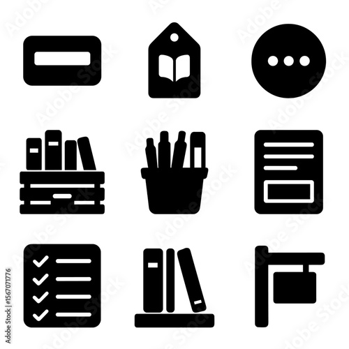 Classroom Icon Collection. Solid, filled icon set of classroom book sorting: label sticker, genre tag, reading level, color code,