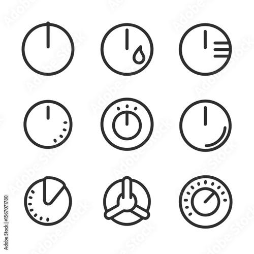 Appliance Knob Icons. Outline icon set of appliance knob collection: oven knob, stove burner knob, grill control knob, fridge