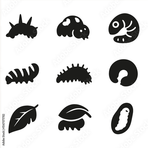 Caterpillar Defense Icons. Solid, filled icons set of caterpillar camouflage and defense: thorn mimicry,