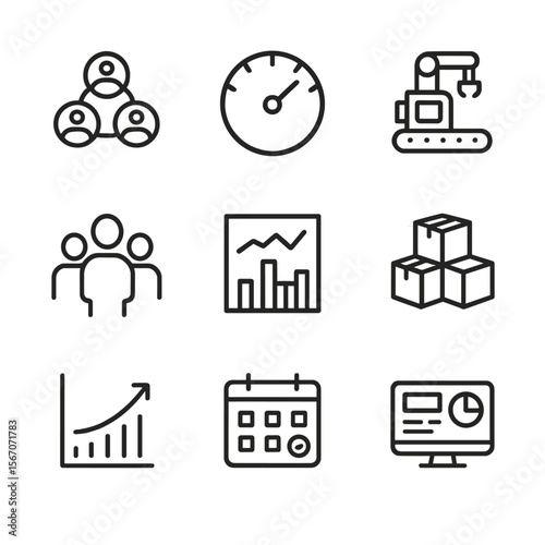 Resource Management Icons. Outline icon set of resource utilization management: resource pool icon, energy meter, machine