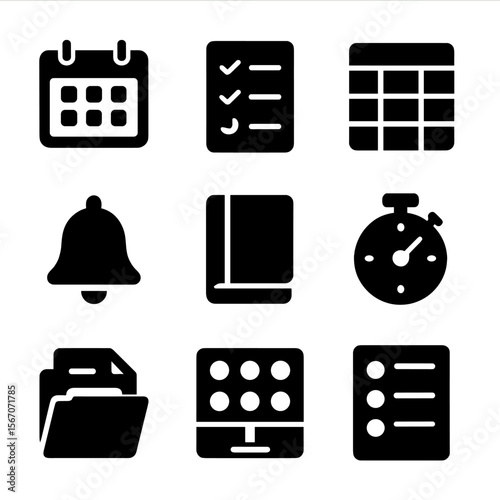 Classroom Icon Set. Solid, filled icon set of classroom organization and routine: calendar, checklist, timetable, bell, agenda,