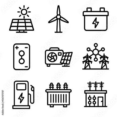 Energy Technology Icons. Solid, filled icon set of Mining power and energy technologies: solar panel array, wind turbine, energy