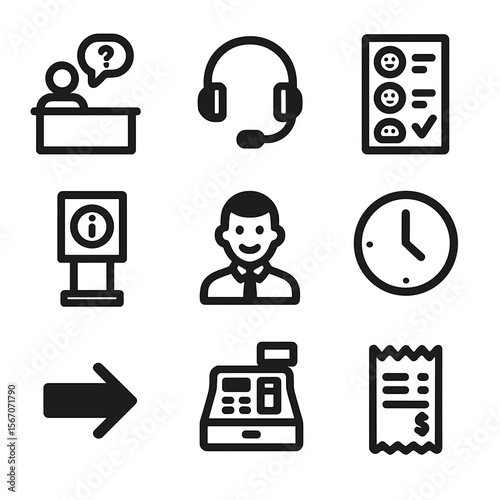 Customer Service Icons. Solid, filled icon set of customer service elements: help desk, headset, feedback form, information kiosk,
