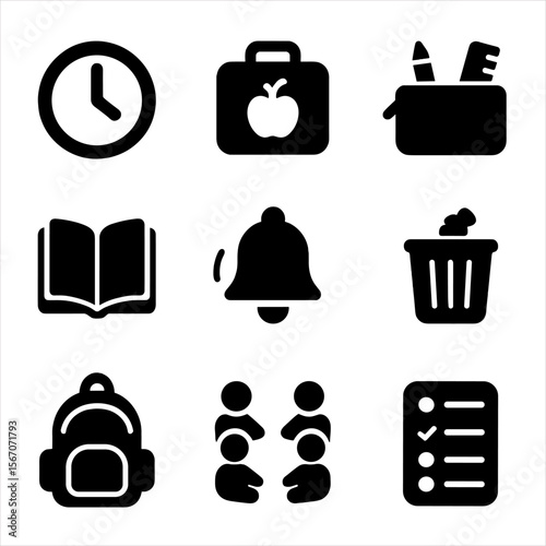 Classroom Routine Icons. Solid, filled icon set of classroom routine icons: arrival clock, lunchbox, pencil case, reading time,