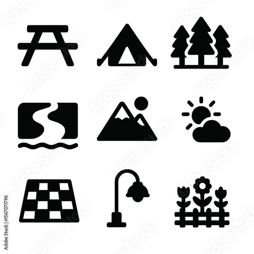 Outdoor Cooking Icon Set. Solid, filled icon set of outdoor cooking settings: picnic table, camping tent, forest, river, mountain,