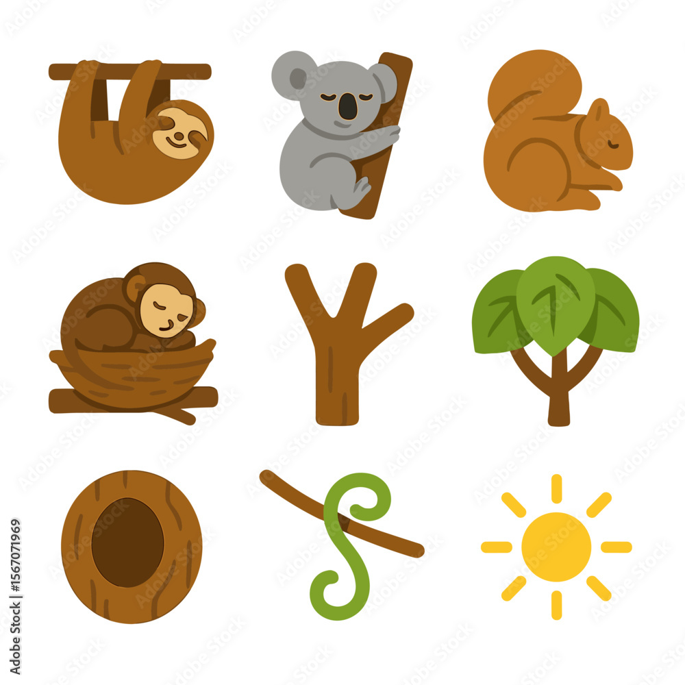 Fototapeta premium Arboreal Sleepers Icons. Flat icon set of arboreal sleepers: sloth hanging, koala clinging, squirrel curled, monkey nest, branch