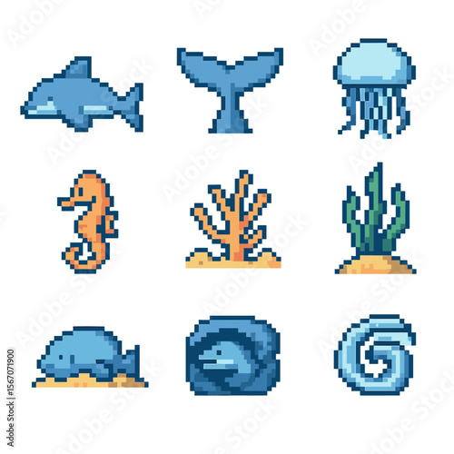 Aquatic Sleep Icons. Pixel art icon set of aquatic sleep adaptations: dolphin fin tuck, whale tail, jellyfish drift, seahorse